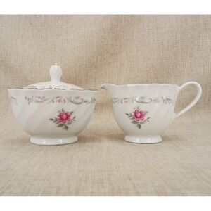 Royal Swirl Fine China of Japan Creamer and Sugar Bowl with Lid Set Pink Rose